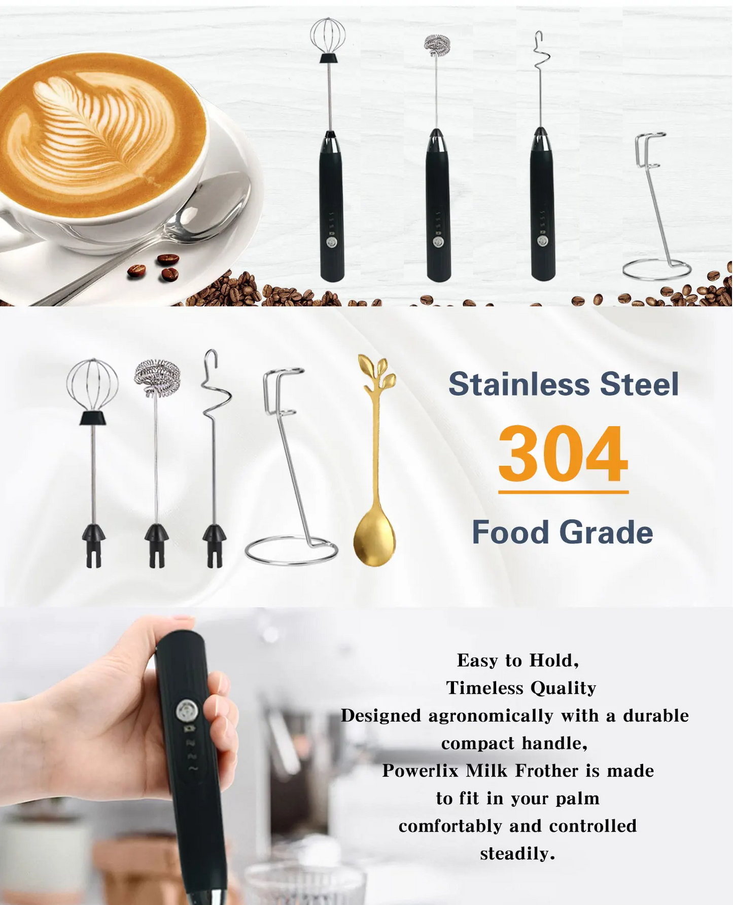 USB Rechargeable Electric Milk Frother, Powerful Handheld Milk Frother, Mini Milk Foamer,Coffee Stirrer, Stainless Steel Drink M